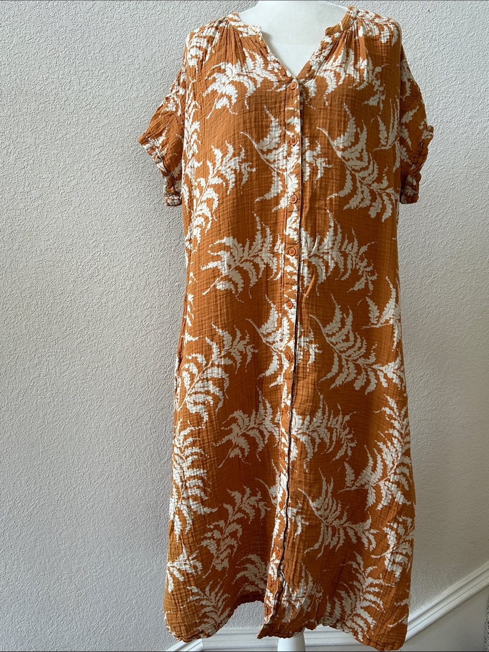 Wonderly midi dress XL crinkle cotton Comfort Neutral easy fit Button front EUC